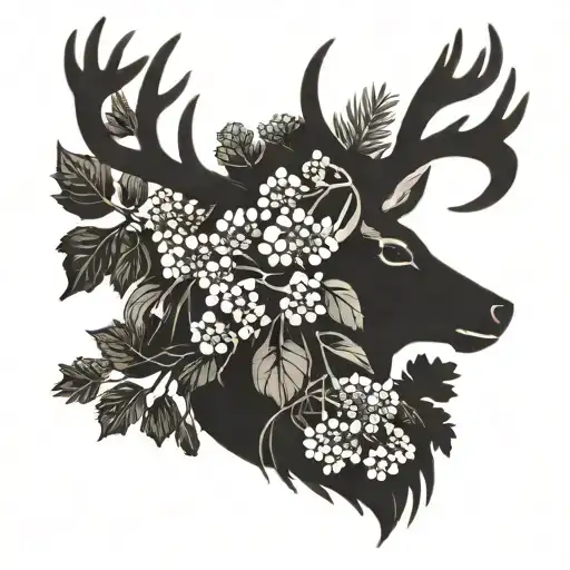 elk antler with oak brush leaves and wild flowers  tattoo design idea