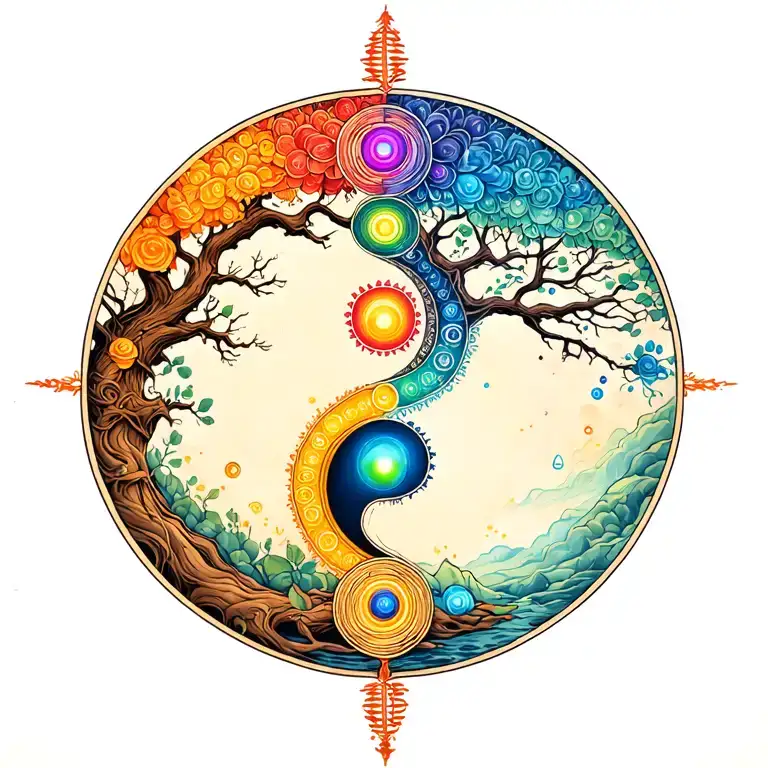 yin yang + tree + 7 chakras + The theory of evolution + dna tattoo design idea