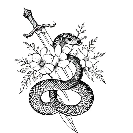 Fine line tattoo of a snake coiled around a dagger with flowers, ultra-thin black lines, no shading, clean minimal linew tattoo design idea