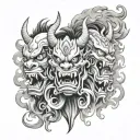 masks of Japanese demons Oni and Hanya and around obstruction of smoke with watercolors tattoo design idea