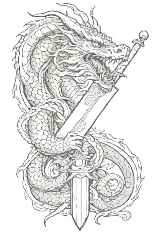 Illustration of a Chinese dragon wrapped around a medieval sword with a shield of Germanic royalty in the background wit tattoo design idea