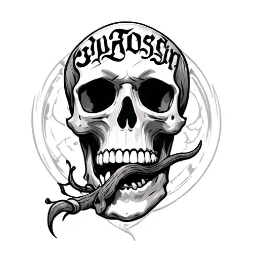 skull biting words tattoo design idea