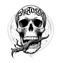 skull biting words tattoo design idea