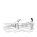  fine lines of a Labrador dog playing with the waves and a little girl watching him play in the distance  tattoo design idea