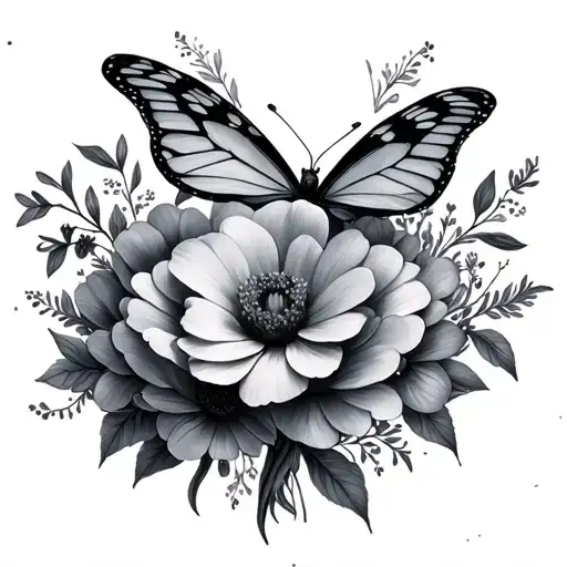 birth flowers with butterflies tattoo design idea
