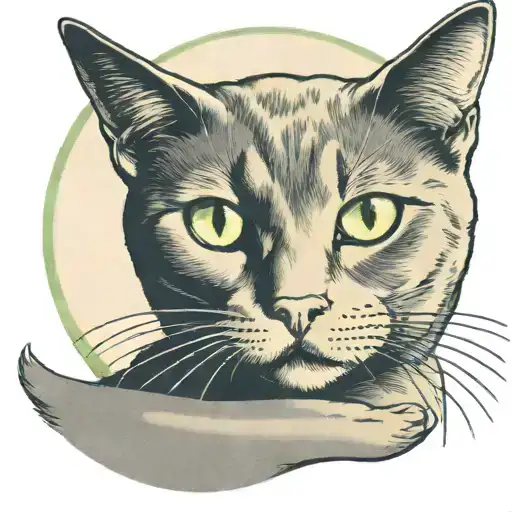dark gray cat, with green eyes sitting facing forward, with a waning moon above its head, and shading  tattoo design idea