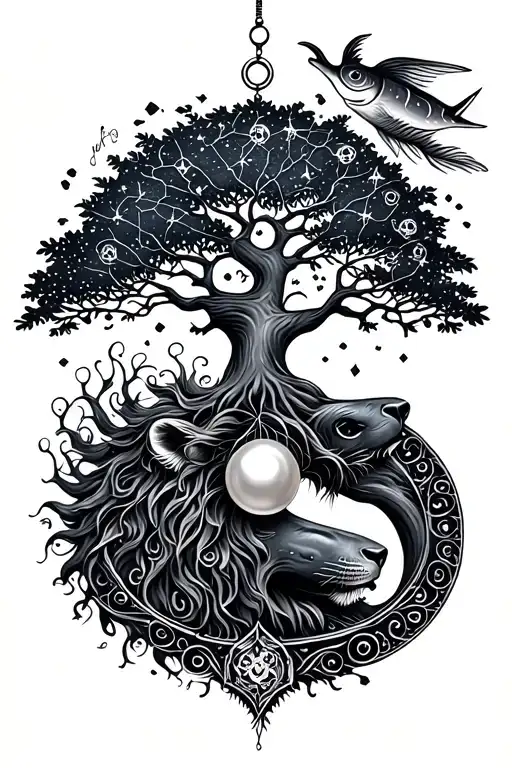 Dreaming catch that hangs, tree of life, pearl, arabesques, lion constellation, figure 2.7,8 and 12 cache tattoo design idea