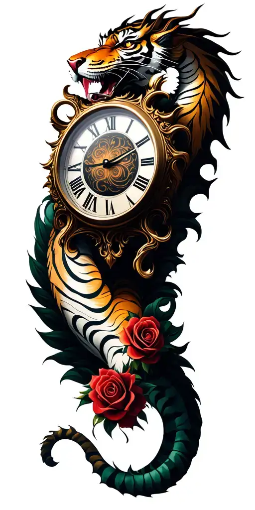 roses tiger clock dragon god tattoo design idea