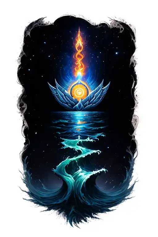 Design a full wrap-around forearm tattoo with a cosmic ocean theme, centered around the Trishul rising from powerful, sw tattoo design idea