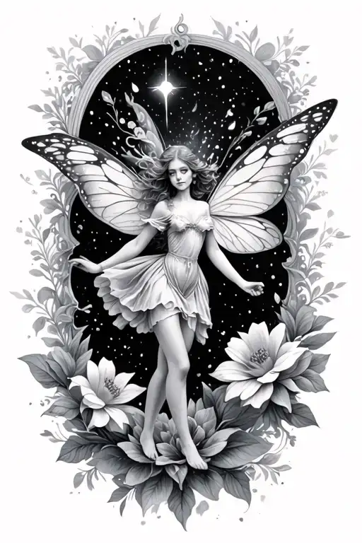 fairy flying with fairy dust through the flowers and clouds tattoo design idea