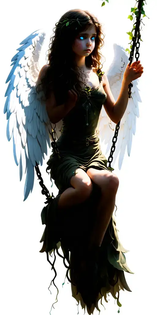 An angel girl with long white wings, on a swing made of vines. Tears roll down from her blue eyes. tattoo design idea
