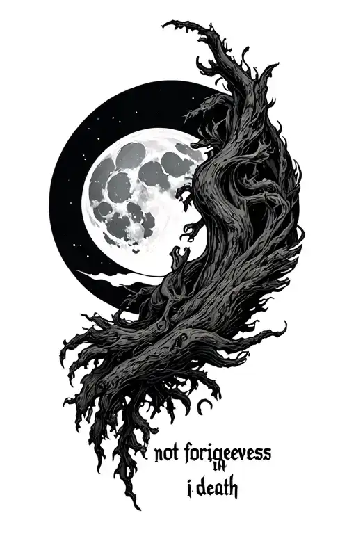 I want it to be equal to the image and have a moon behind and have the phrase of "not forigeveness in death" tattoo design idea