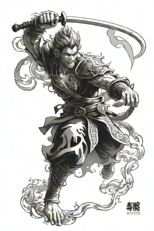  Color BLACK AND WHITE  tattoo of Sun Wukong from Black Myth: Wukong, in a combat pose, with his initial armor and the R tattoo design idea