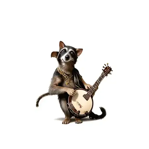 Gang members: dog, cat, rat, racoon playing banjo tattoo design idea