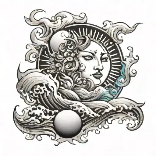sun with moon and ocean waves. colorful and no faces.  tattoo design idea