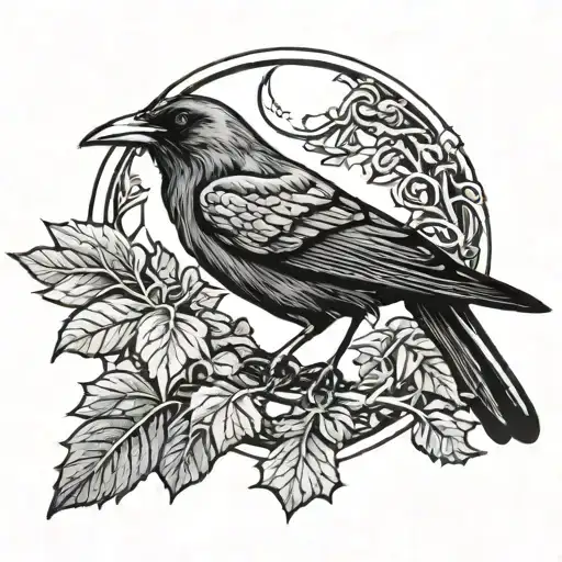 witchy raven with ivy and crescent moon tattoo design idea