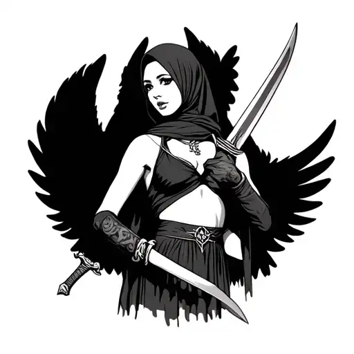 sexy fragile woman of Muslim appearance with wings behind, sword in hand tattoo design idea