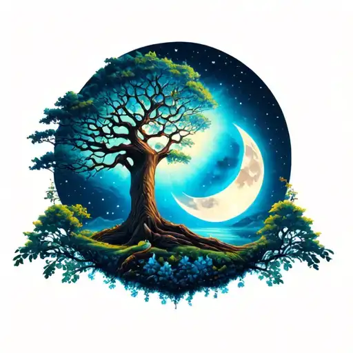 Tree of life and moon and soliel on two tattoo design idea