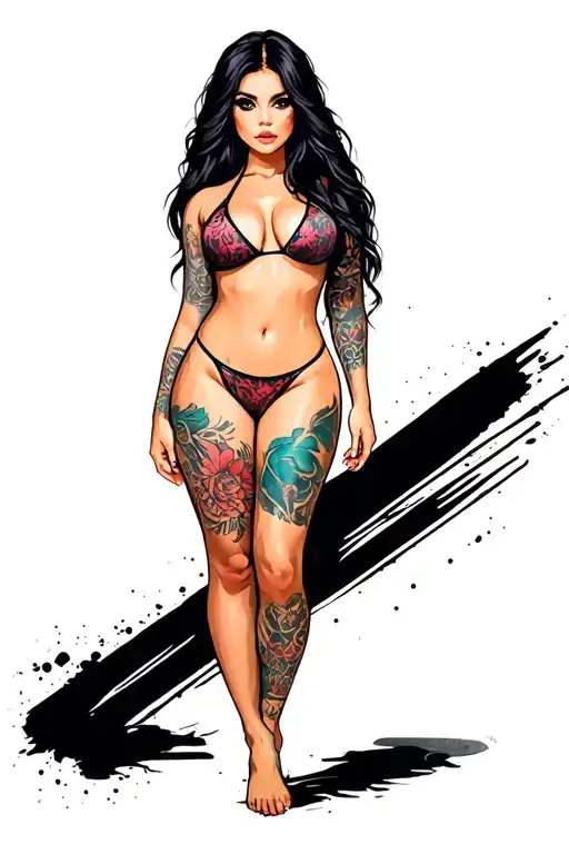 Sexy girl, petite, small boobs, wide hips, bikini . long hair,sexual. Seductive. Full Body, standing with legs and feet tattoo design idea