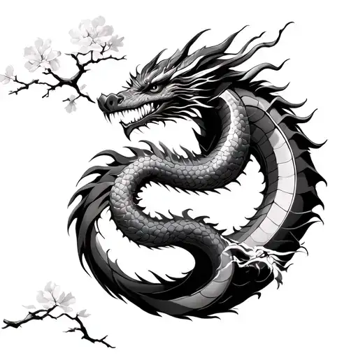 Dragon, samurai, sakura tree tattoo design idea