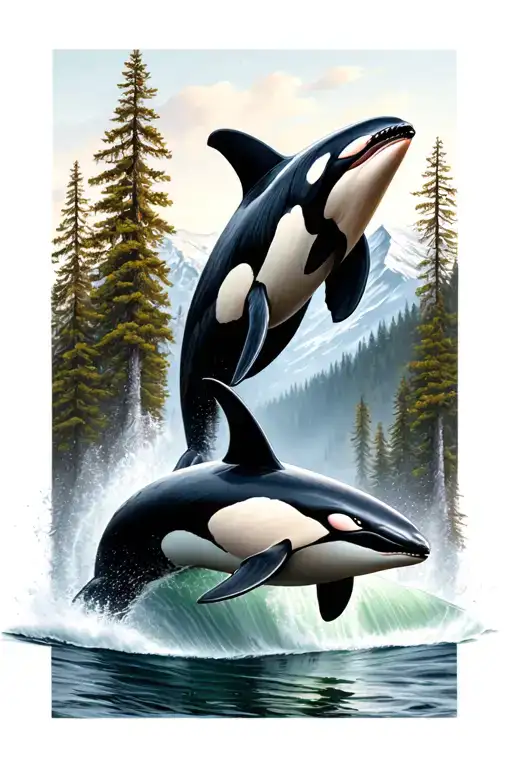 black and gray right arm full sleeve. orcas swimming on forearm, moving up to trees and mountain on bicep  tattoo design idea
