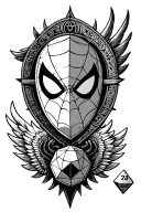 A bold, symbolic crest combining a half-mask (heroism) and a D20 (fate), surrounded by wings (spider-man) tattoo design idea