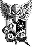 A bold, symbolic crest combining a half-mask (heroism) and a D20 (fate), surrounded by wings (spider-man) tattoo design idea