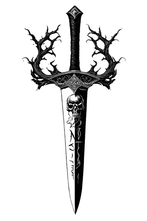 Sharp long dagger with runes shaded skull head text "afro" , sejmitar, darkest dungeon tattoo design idea