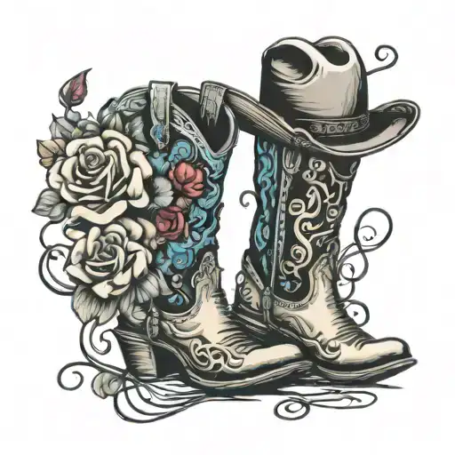 cow girl boot with whip a cowboy hat and flowers coming out tattoo design idea