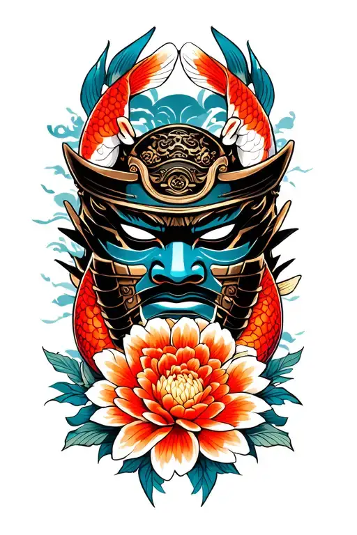 a samurai mask with koi fish and Chrysanthemums flower tattoo design idea