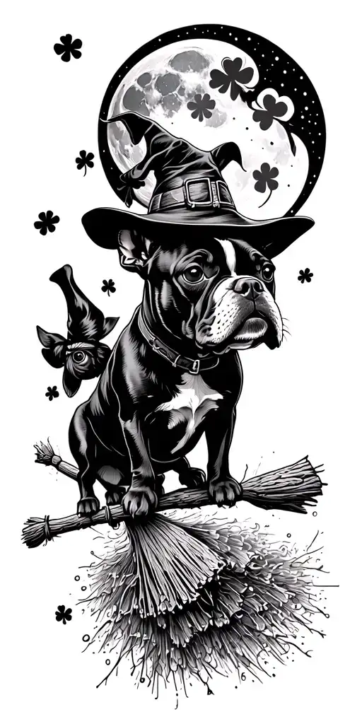 shamrock, bulldog, boston terrier, cattle dog, camper, flying witch on broomstick, moon, campfire tattoo design idea