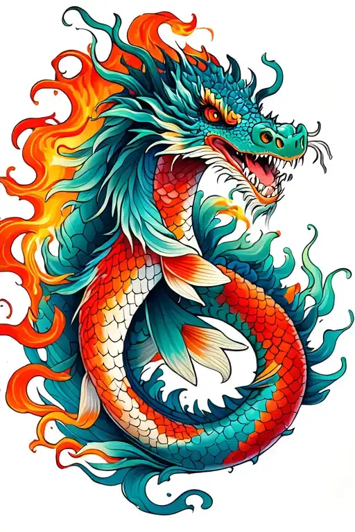 koi and dragon breathing fire tattoo design idea