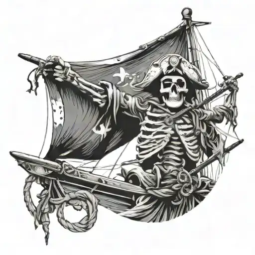 a pirate skeleton climbs up the mast and reaches out to the flag at the top of the mast tattoo design idea