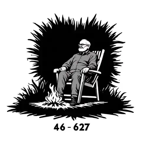 outlined grandfather sitting in a lawn chair by a fire, no shades just simple, in memory with the numbers 4/6 - 6/27  tattoo design idea
