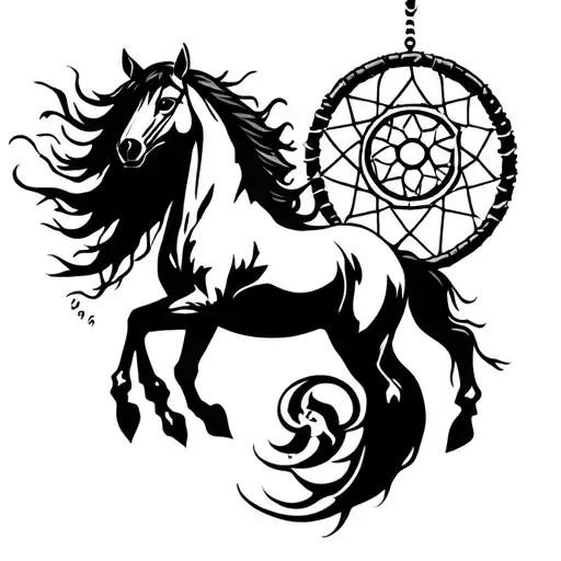rearing stallion with dream catcher and sun/moon  tattoo design idea
