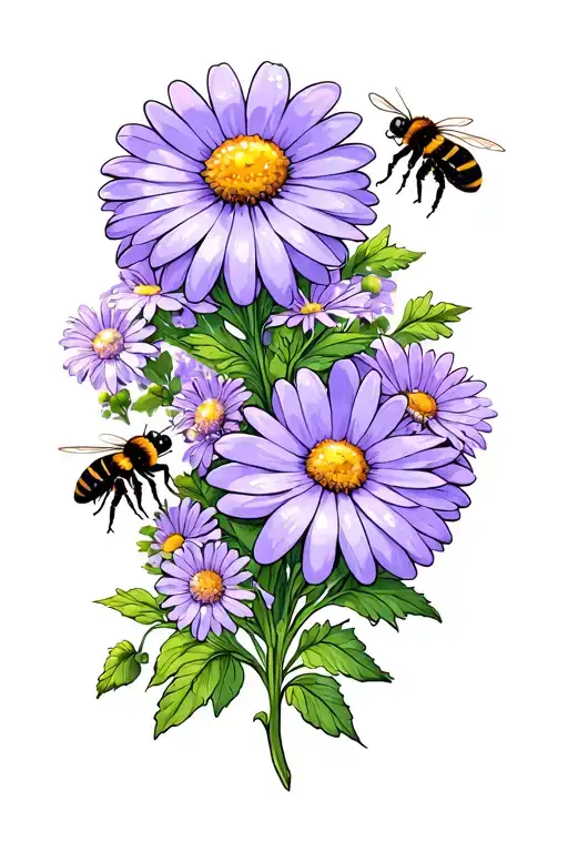 A wraparound the knee lilac flower and Daisy flowers with sparkly bees doing human things  tattoo design idea