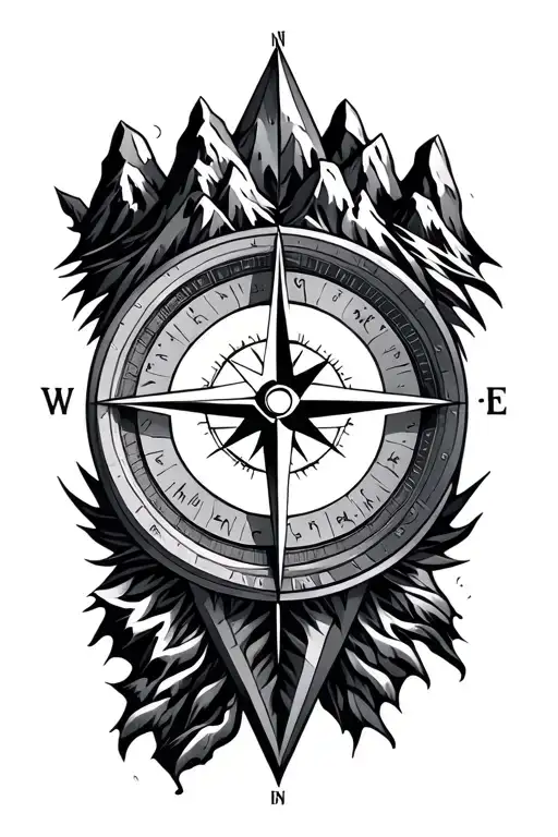 compass rose with intricate geometric mountains tattoo design idea