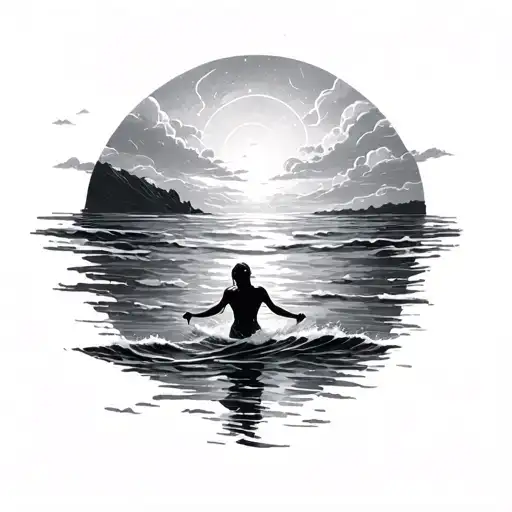 beautiful ocean scene, and just beneath the surface, a faint silhouette of a person drifting downward fine line tattoo design idea