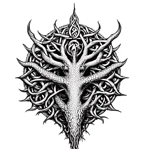 Yggdrasil, skali and liver, jörmungandr, knotwork on body part back tattoo design idea
