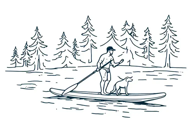guy on paddleboard with his dog surrounded by trees tattoo design idea