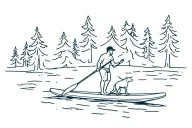 guy on paddleboard with his dog surrounded by trees tattoo design idea