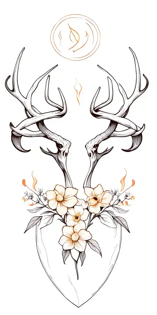interlinked Aries and Cancer zodiac symbols, honeysuckle, larkspur, and daffodil flowers, subtle flames, a small stag  tattoo design idea