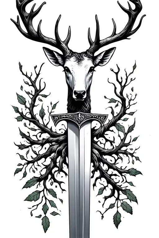 long swords wrapped  with deer head handle small leaves running vines tattoo design idea