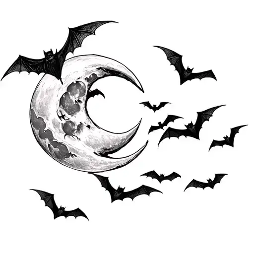 "throat tattoo" bats flying across moon witch tattoo design idea