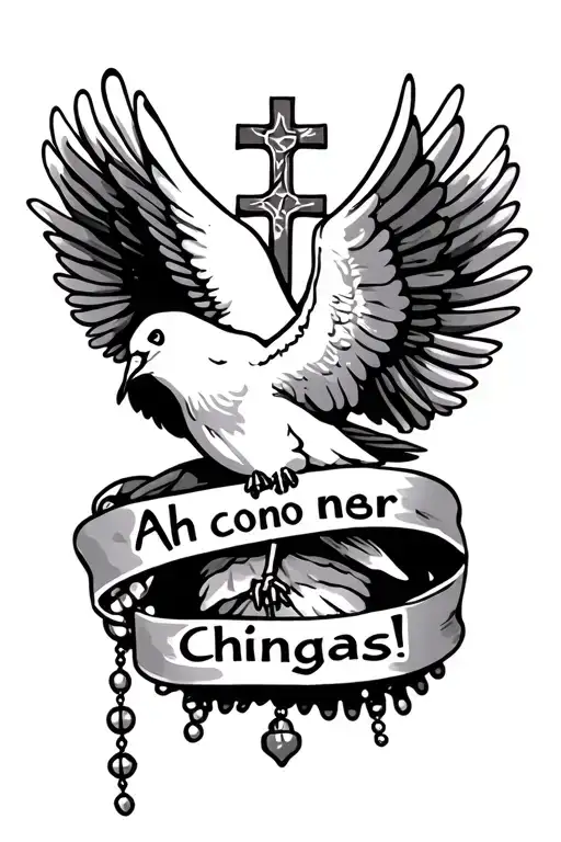 Tattoo of a dove with a cross wrapped with a rosary where he contains a phrase that says "Ah como chingas!" tattoo design idea