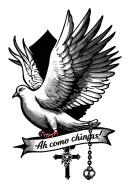 Tattoo of a dove with a cross wrapped with a rosary where he contains a phrase that says "Ah como chingas!" tattoo design idea