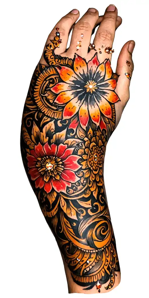 sailor Jerry  mandala sleeve with lots of black negative space filled withsmall twinkle embellishments.   tattoo design idea