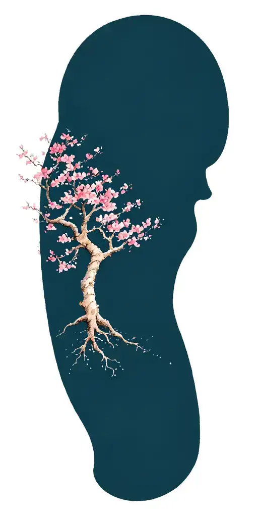 i want the draft of a sleeve tattoo, a sakura tree that starts with it's roots on the shoulderblade, and it's trunk and  tattoo design idea