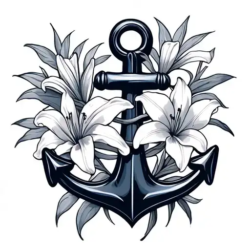 navy anchor with tiger lily flowers tattoo design idea