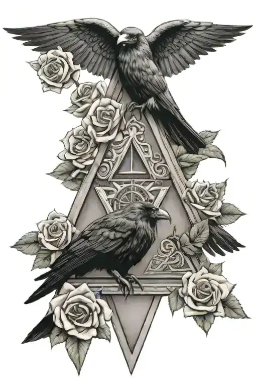Masonic triangle, roses and dollars, raven perched on top tattoo design idea
